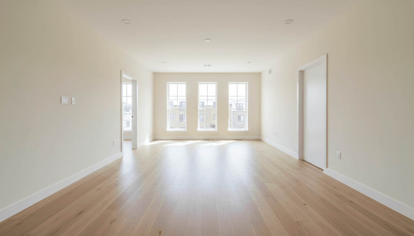 Bright empty living room with freshly painted white walls and light wooden flooring.