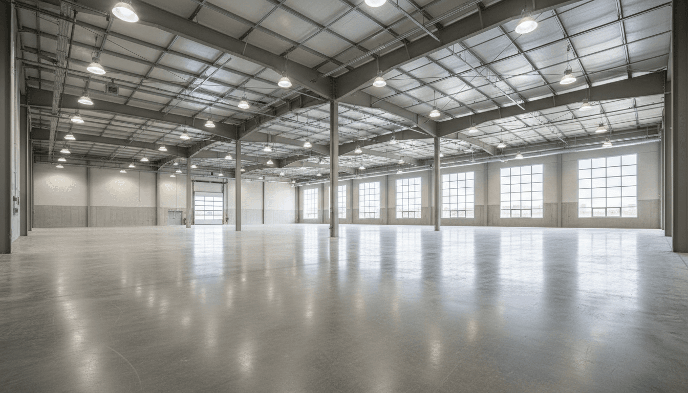 Empty warehouse interior after a commercial clearance, bright and spacious