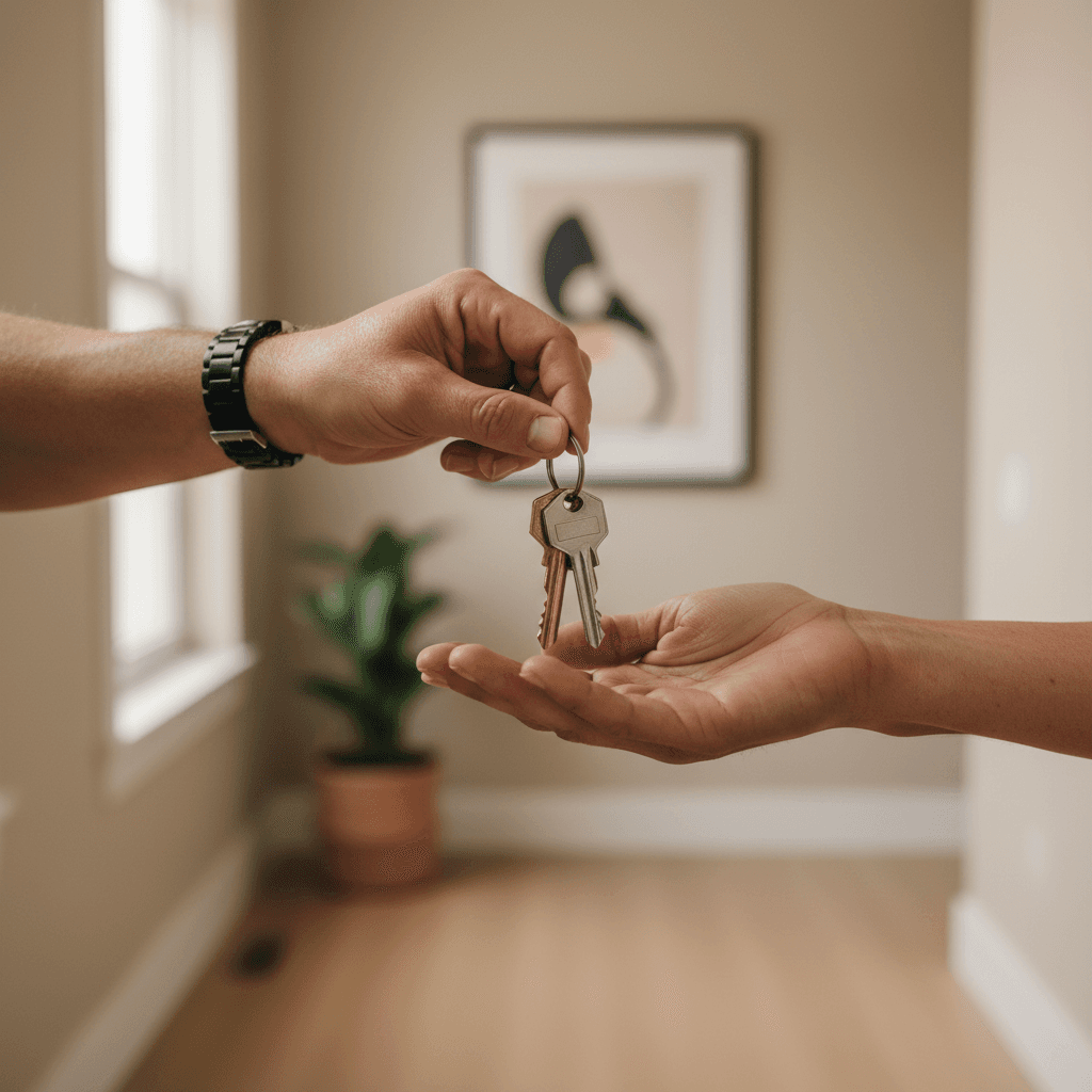 Close-up of hands exchanging house keys during property closing, symbolizing homeownership transfer and transaction completion